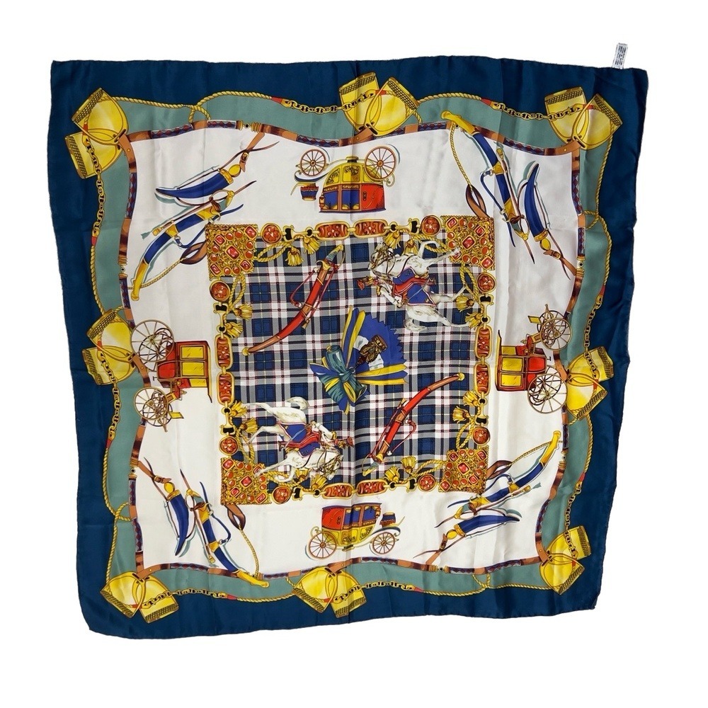 Vintage Italian Silk Square Scarf Navy Blue Plaid Equestrian Carriage Motif‎